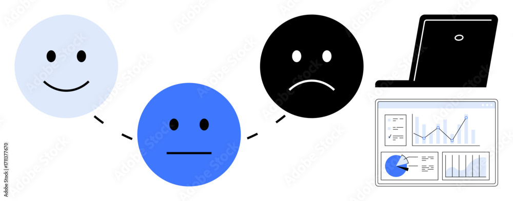 Poster happy, neutral, and sad faces linked by dashed lines next to a laptop and dashboard showing analytic