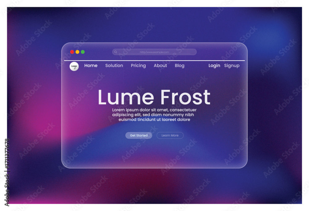 Poster transparent glass hero sectionmodern app interface lume frost style homepage design ui ux template f