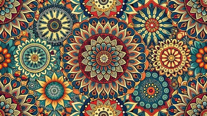 Vibrant mandala pattern featuring intricate floral designs and rich color palette