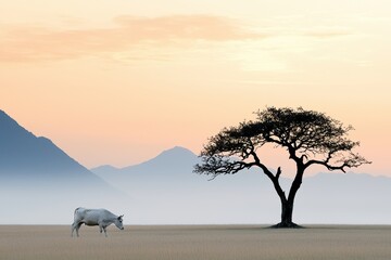 A serene landscape featuring a cow grazing near a solitary tree, with mountains and a pastel sky creating a tranquil atmosphere.