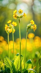 Obraz premium Three cowslip stems with bright yellow flowers and green foliage in a field on a sunny day