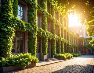 Baroque Architecture With Green Ivy in Golden Light Cinematic Hdr Photography Glowing Facade Covered By Green Leaves Sunlight on Stone Walkway Ultra Sharp Detail