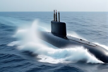 Fototapeta premium Powerful submarine cruising through the ocean waves with dynamic force and sleek design for military or technology concepts
