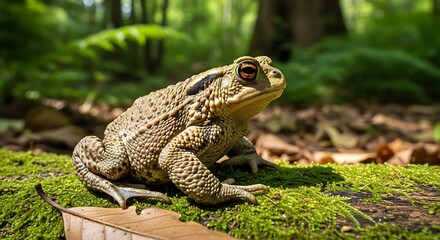 Fototapeta premium Close-up of a Toad on Mossy Log.