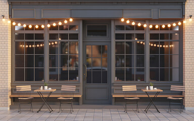 Cozy shop front illuminated by string lights offering warm inviting ambiance at dusk illustration