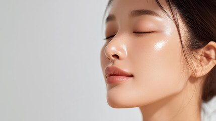 目を閉じ、美しい肌とまつ毛が際立つ韓国人女性のポートレート　Beautiful Korean Woman with Eyes Closed and Flawless Skin