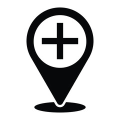 Obraz premium Hospital Location Pin Icon – Medical Map Marker with Health Cross Symbol Vector Design.