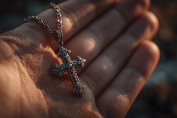 A hand holding a cross necklace. ai generative