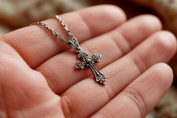 A hand holding a cross necklace. ai generative