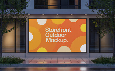 Bright digital storefront display mockup with abstract orange pattern and text illustration