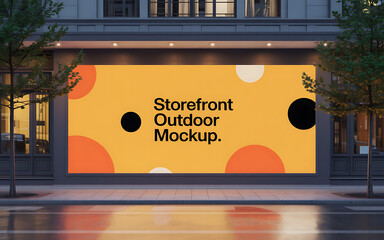 Outdoor storefront billboard mockup advertising space with abstract shapes at night illustration