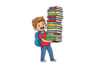 Happy boy carrying a tall stack of books isolated on transparent background