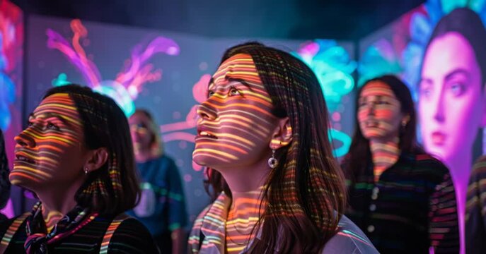 Diverse young women watching a vibrant immersive art exhibition with colorful light patterns on their faces