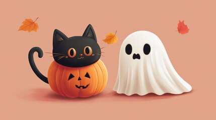 Cheerful illustrated greeting card featuring adorable round pumpkin wearing black cat costume with ears and tail alongside companion pumpkin in classic ghost sheet with cutout eyes