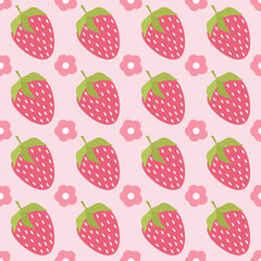 Pink strawberries and flowers seamless pattern strawberry