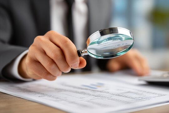 Male caucasian analyzing financial documents with magnifying glass in office setting - Powered by Adobe
