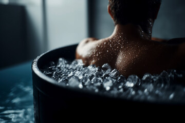 A man is sitting in a bathtub filled with ice and water.