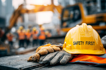 A yellow hard hat with the word safety first on it sits on top of a pair of oran.