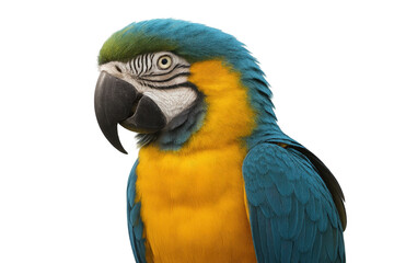 Fototapeta premium Blue and yellow macaw parrot posing on transparent background