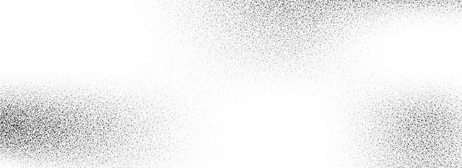 Black dotted grain gradient texture. Grunge sprayed noise background. Subtle stippled gritty sand overlay. Rough distressed dotwork backdrop with specks, dust, speckles. Vector grit particle wallpaper