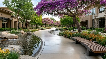 Pathway through a landscaped area with trees water feature and buildings.