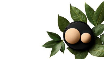 Two light beige orbs on black disc, surrounded by lush green leaves