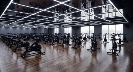 Interior view of a modern gym with many stationary bikes and reflective ceiling lights in rows and columns