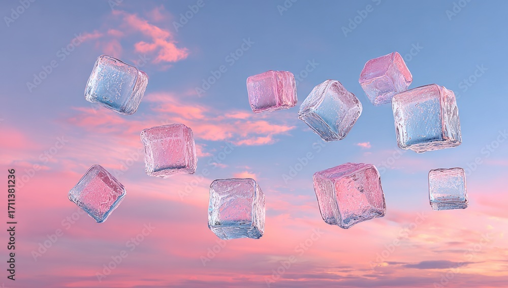 Poster delicate ice cubes float against a soft, pastel sky, creating a dreamy and ethereal scene.
