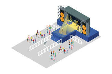 Illustration Music Festival Concept 3d Isometric View Concert Party Elements Landscape Background and Stage. Vector illustration of Musical Event
