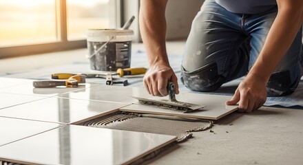 Man installing tiles on the floor using a trowel with bucket and tools nearby in a bright room space