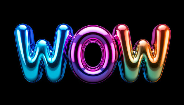 Colorful balloon letters spelling the word wow against a black background to express excitement - Powered by Adobe