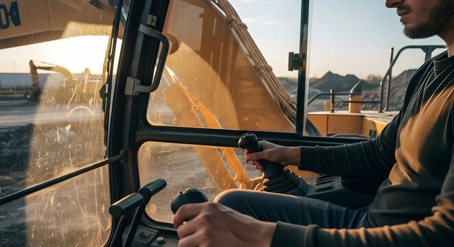 Operator inside excavator cabin controlling levers at construction site during daytime work shift - Powered by Adobe