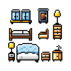 Bedroom Furniture 8-Bit Pixel Art Icon Set. 9 Retro Interior Sprites for Game Assets