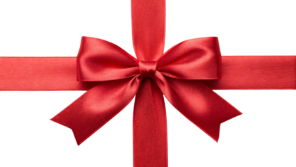 Red satin ribbon forming classic gift bow with vertical and horizontal bands, isolated on a transparent background