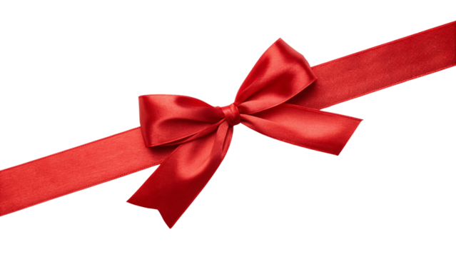 Red silk ribbon with decorative bow positioned diagonally across white surface, isolated on a transparent background