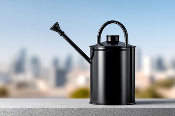 Black metal watering can on concrete surface with blurred urban backdrop