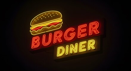 A neon sign with a burger graphic and the words BURGER DINER The word BURGER is in red while DINER is in yellow