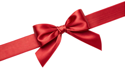 Red glossy ribbon with sophisticated bow arrangement crossing diagonally left to right, isolated on a transparent background