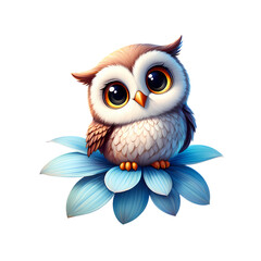 Tiny owl atop a blue flower on transparent background