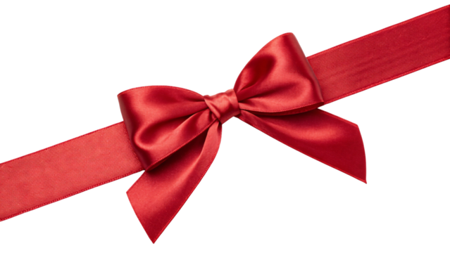 Red glossy ribbon with sophisticated bow arrangement crossing diagonally left to right, isolated on a transparent background
