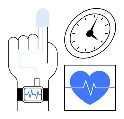 Hand with fitness tracker monitoring pulse, clock showing time, and heart with EKG line. Ideal for healthcare, fitness, wellness, technology, diagnostics self-care prevention. Simple flat metaphor