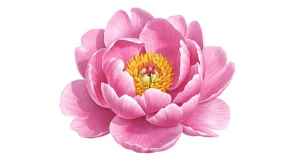 A pink peony flower with yellow center on white