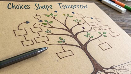 Conceptual Illustration of a Tree with Choices Shaping Tomorrow, Featuring Blank Boxes on a Natural Background