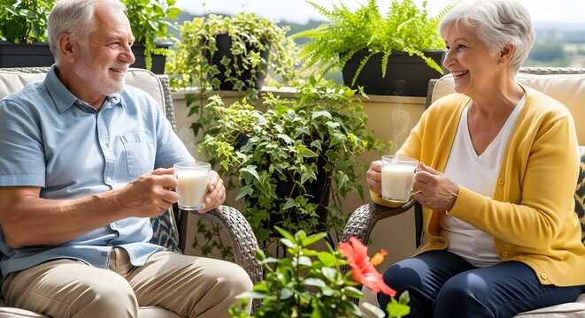 Senior couple enjoying drinks on a balcony surrounded by plants and flowers in a relaxing setting