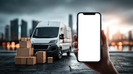Courier checking cardboard boxes using mobile in delivery van.