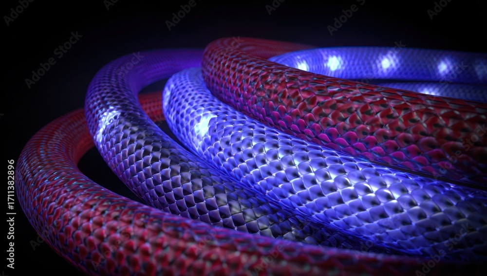 Poster intricate, interwoven tubes with a detailed, textured surface, displaying vibrant shades of deep red