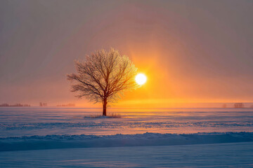 A peaceful snowy meadow with a lone oak tree in the center, its branches covered in frost, a soft orange glow of sunrise illuminating the scene.