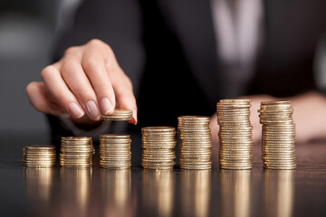 a hand places a coin atop a stack representing growth and financial prosperity captured against a dark background.