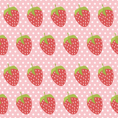 Repeating Pattern of Red Strawberries on Pink Polka Dots