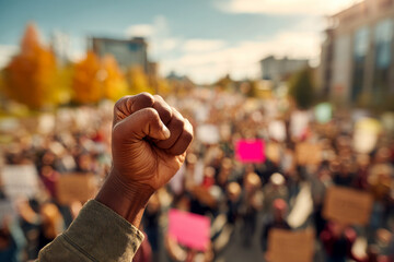 Empowered crowd raising fists in protest, one hand holding a vibrant green leaf symbolizing environmental activism and a sustainable future